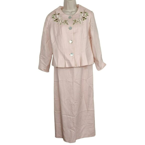 Coldwater Creek 2 Pc Dress & Jacket Suit Linen Blend Size 10 Pink Embroidered - Picture 1 of 12